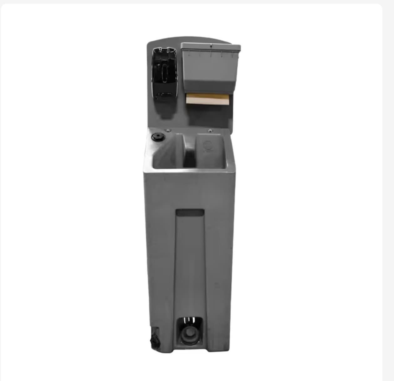 Two-station portable hand wash station with twin basins, foot-operated fresh water pumps, soap dispenser, and paper towel holder