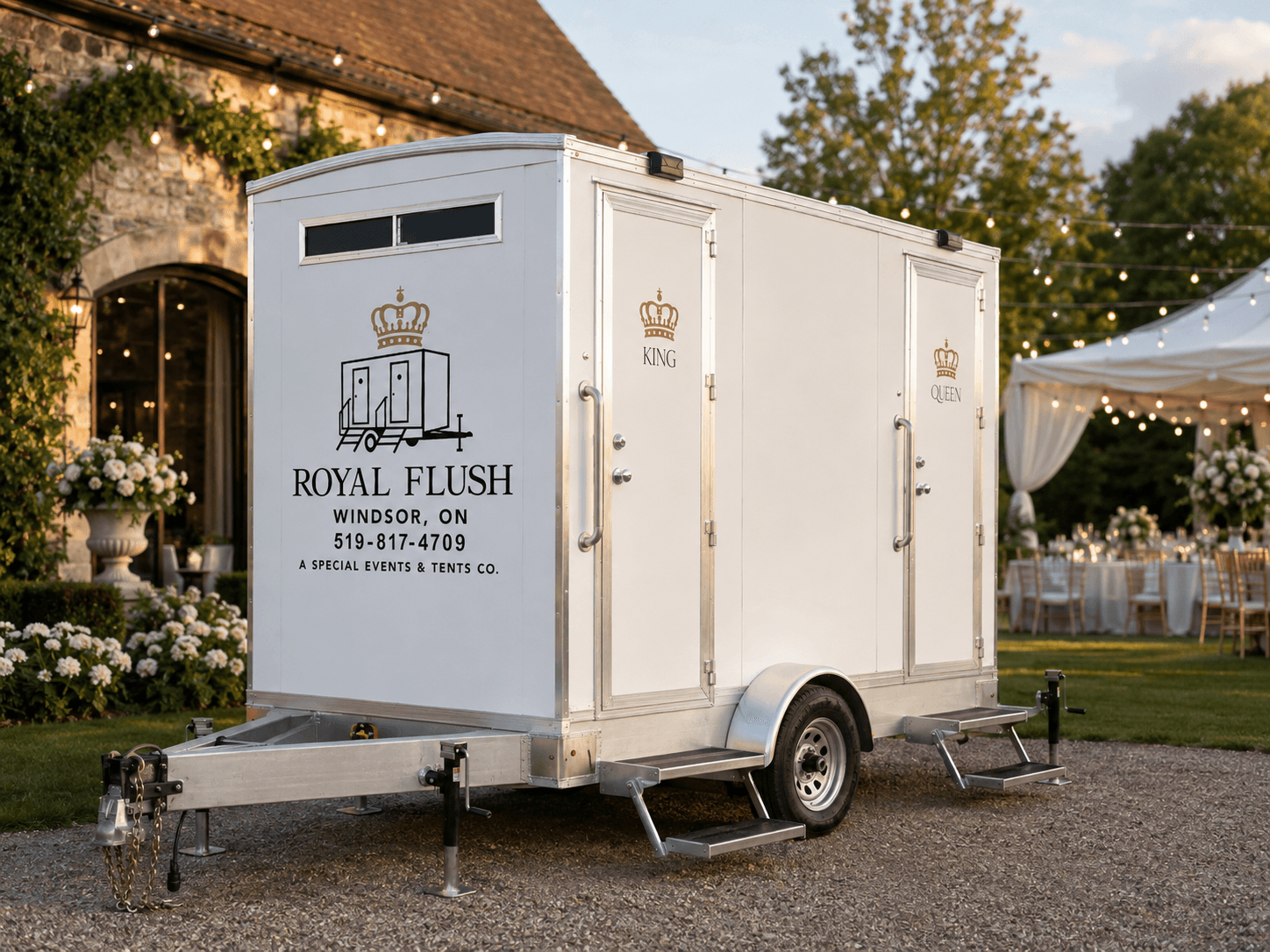 Royal Flush Windsor restroom trailer set up at an elegant garden wedding reception with string lights and floral decor